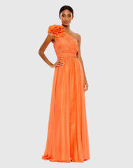 Orange Polka Dot Ruffled One Shoulder Gown