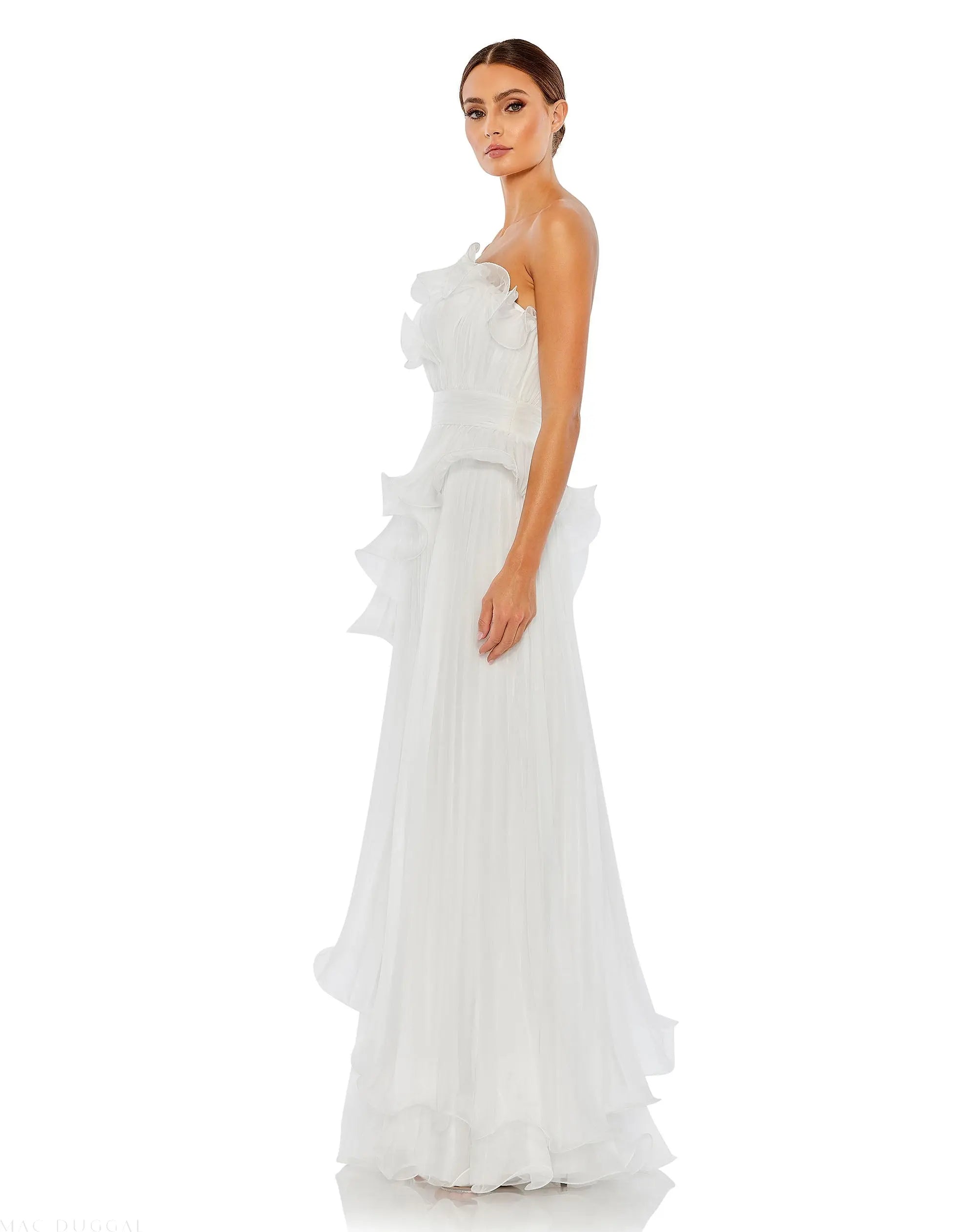 White Pleated Tiered Ruffled Strapless Gown
