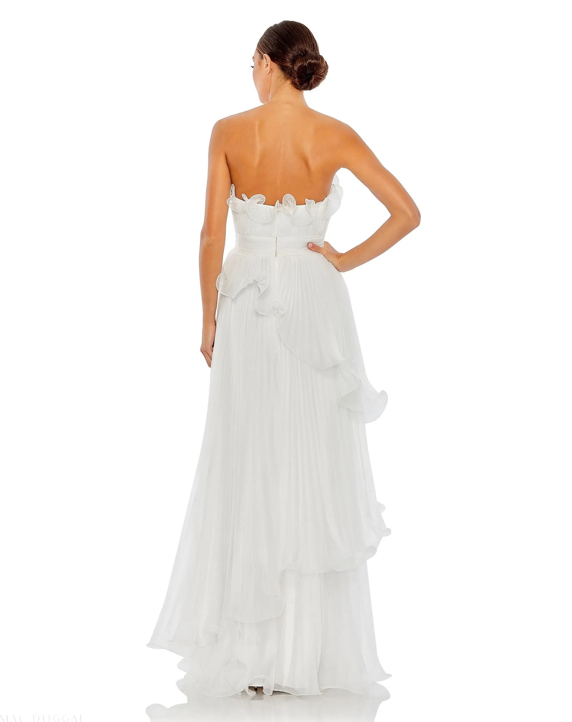 White Pleated Tiered Ruffled Strapless Gown