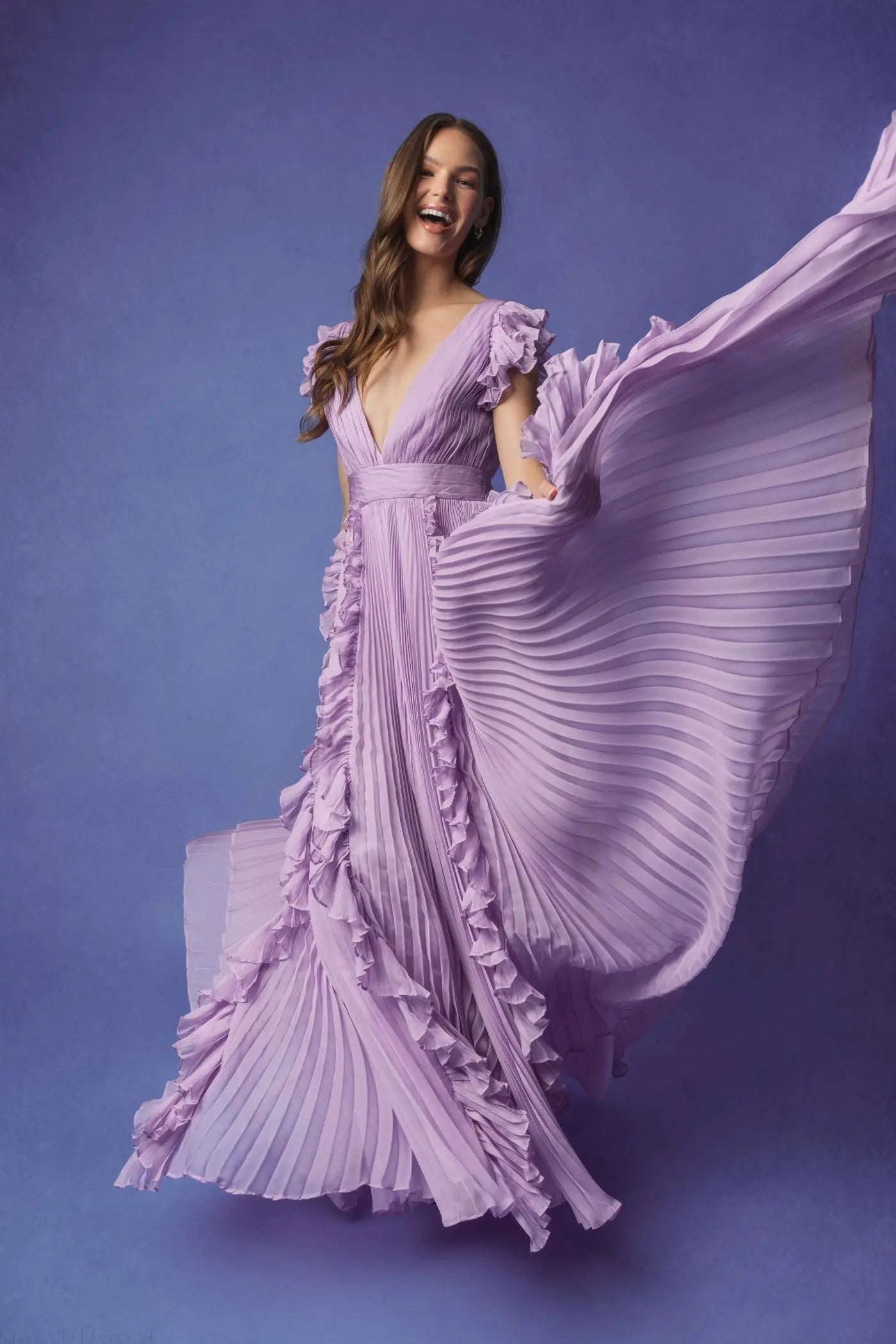 Purple Pleated Ruffle Cap Sleeve Flowy A Line Gown