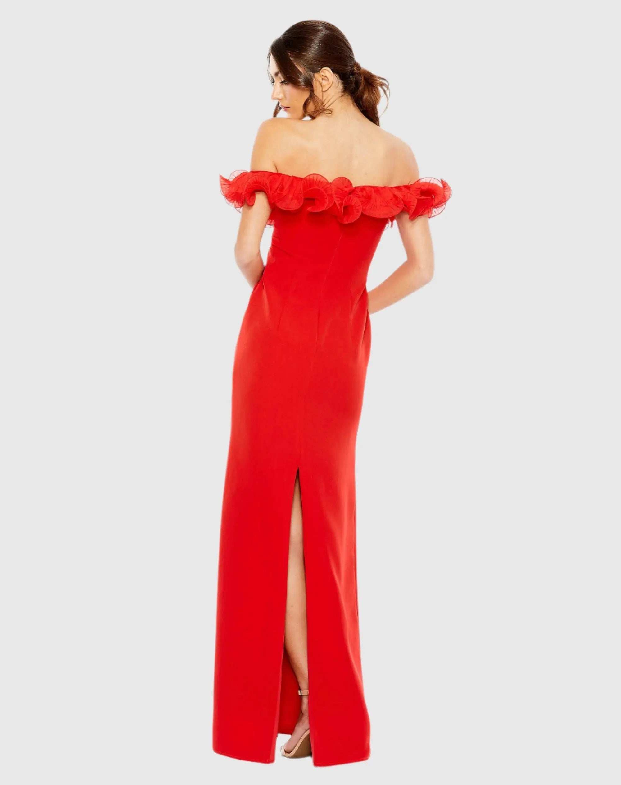 Red Off the Shoulder Ruffle Detail Column Gown