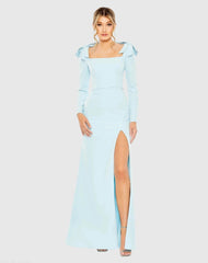 Blue Empire Waist Long Sleeve Bow Shoulder Gown