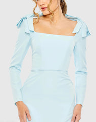 Blue Empire Waist Long Sleeve Bow Shoulder Gown
