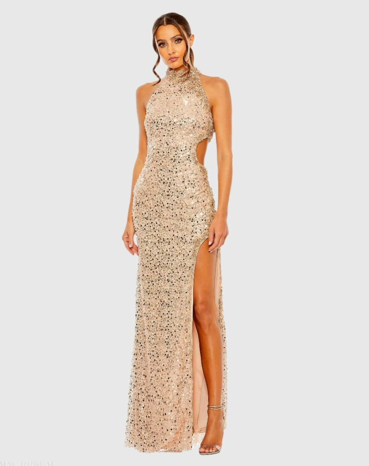 Side Cut Out High Neck Sequin Gown