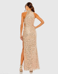 Gold Side Cut Out High Neck Sequin Gown