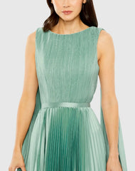 Green Sleeveless High Neck Cape Back Heat Pleated Gown