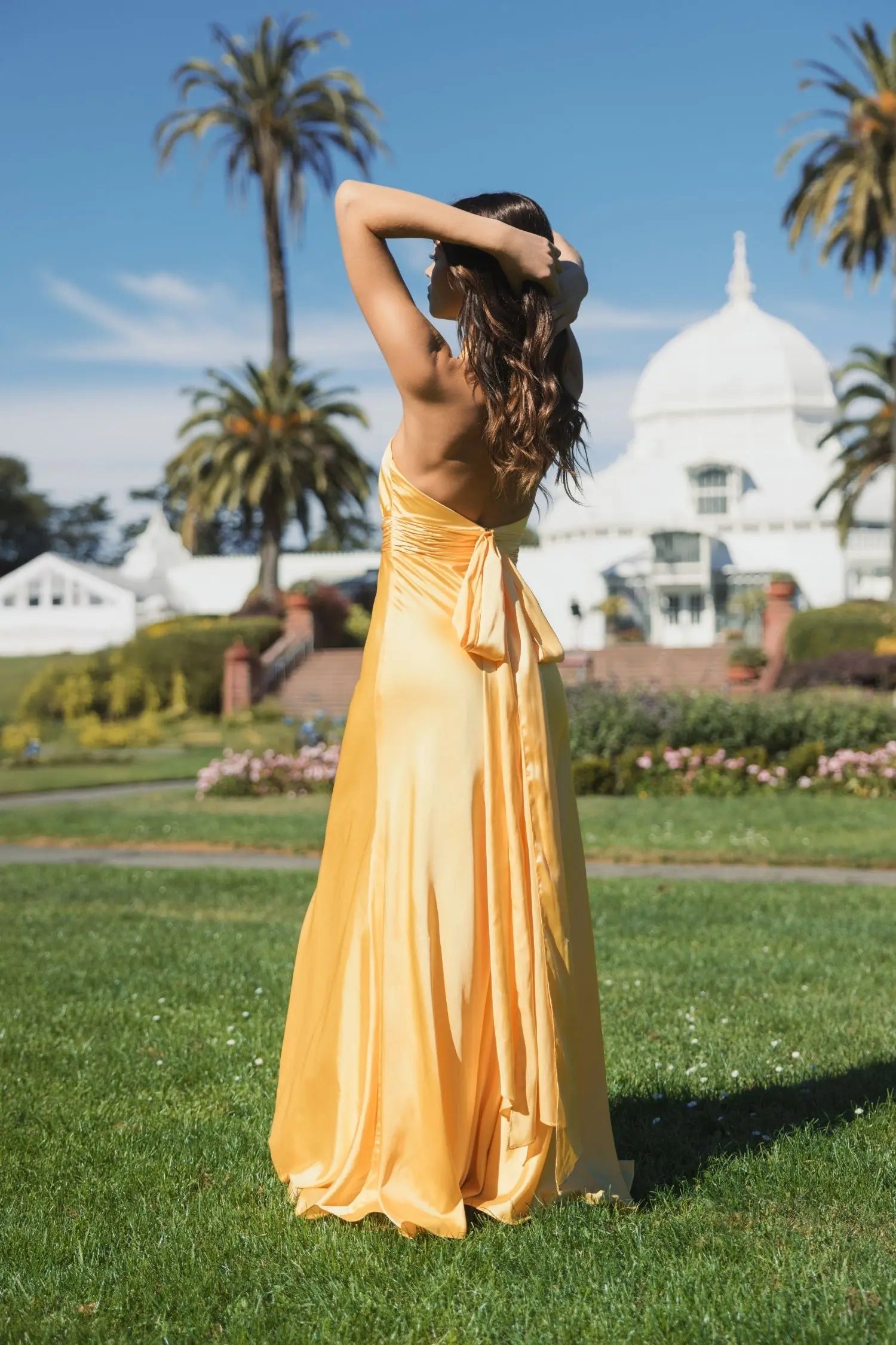 Yellow Ruched Halter Neck Tie Back Satin Gown