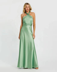 Ruched Halter Neck Tie Back Satin Gown