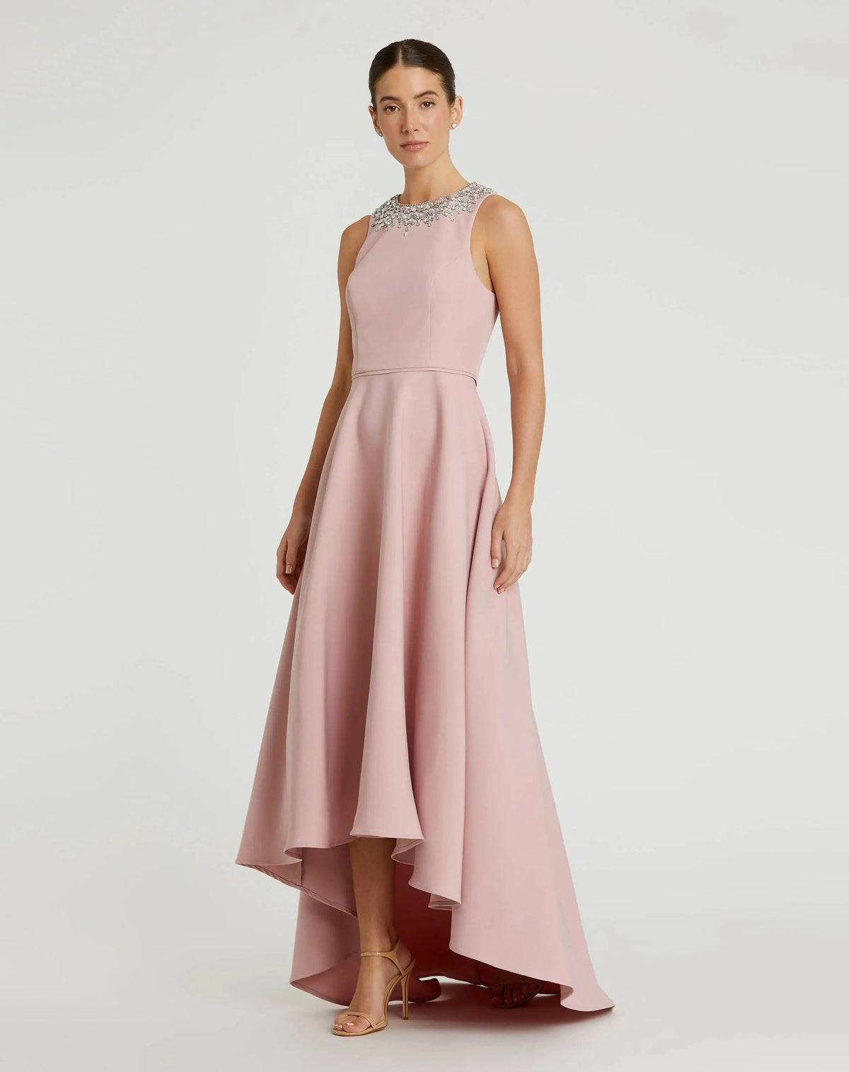Blush Crepe Embellished Neck High Low Gown