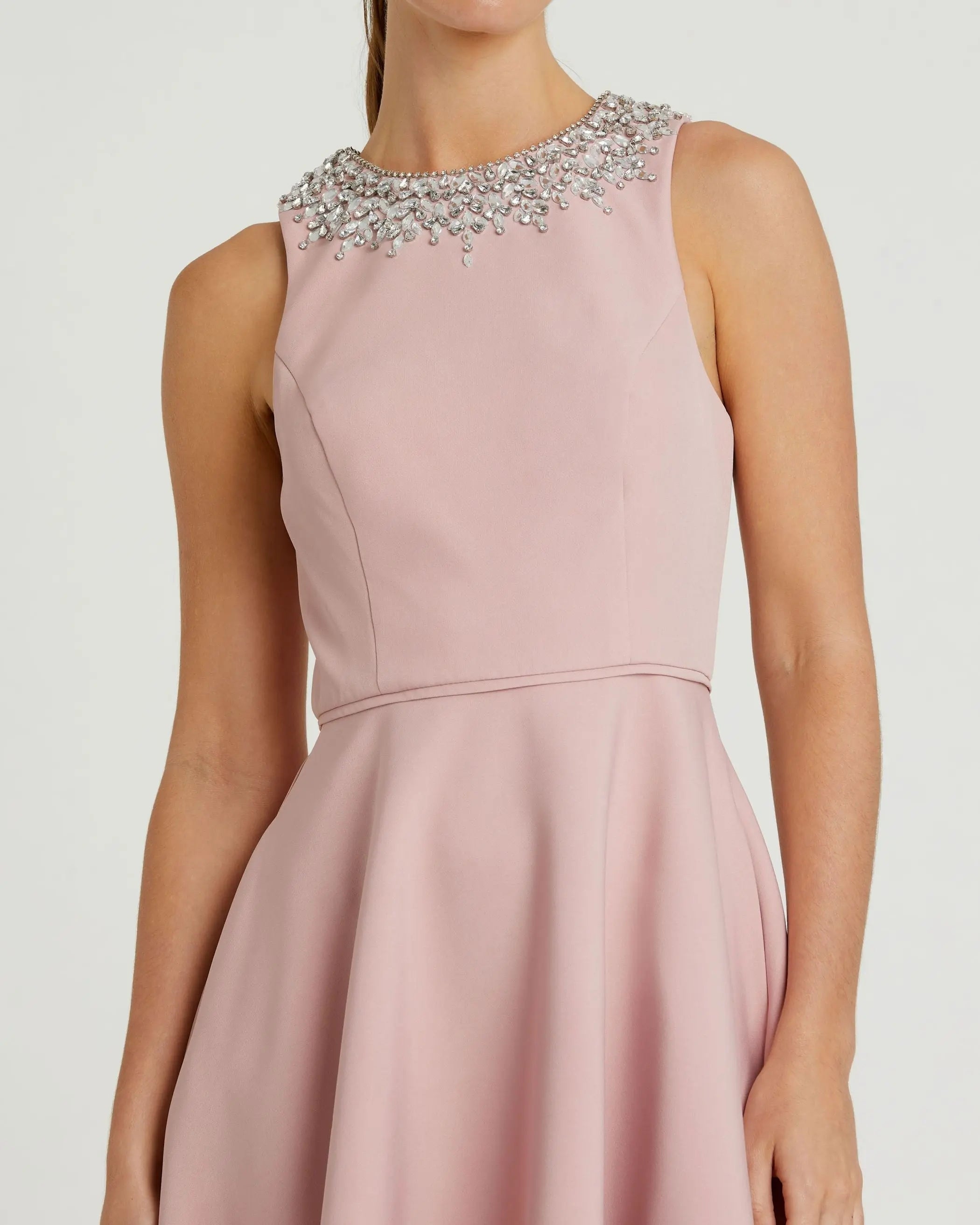Blush Crepe Embellished Neck High Low Gown