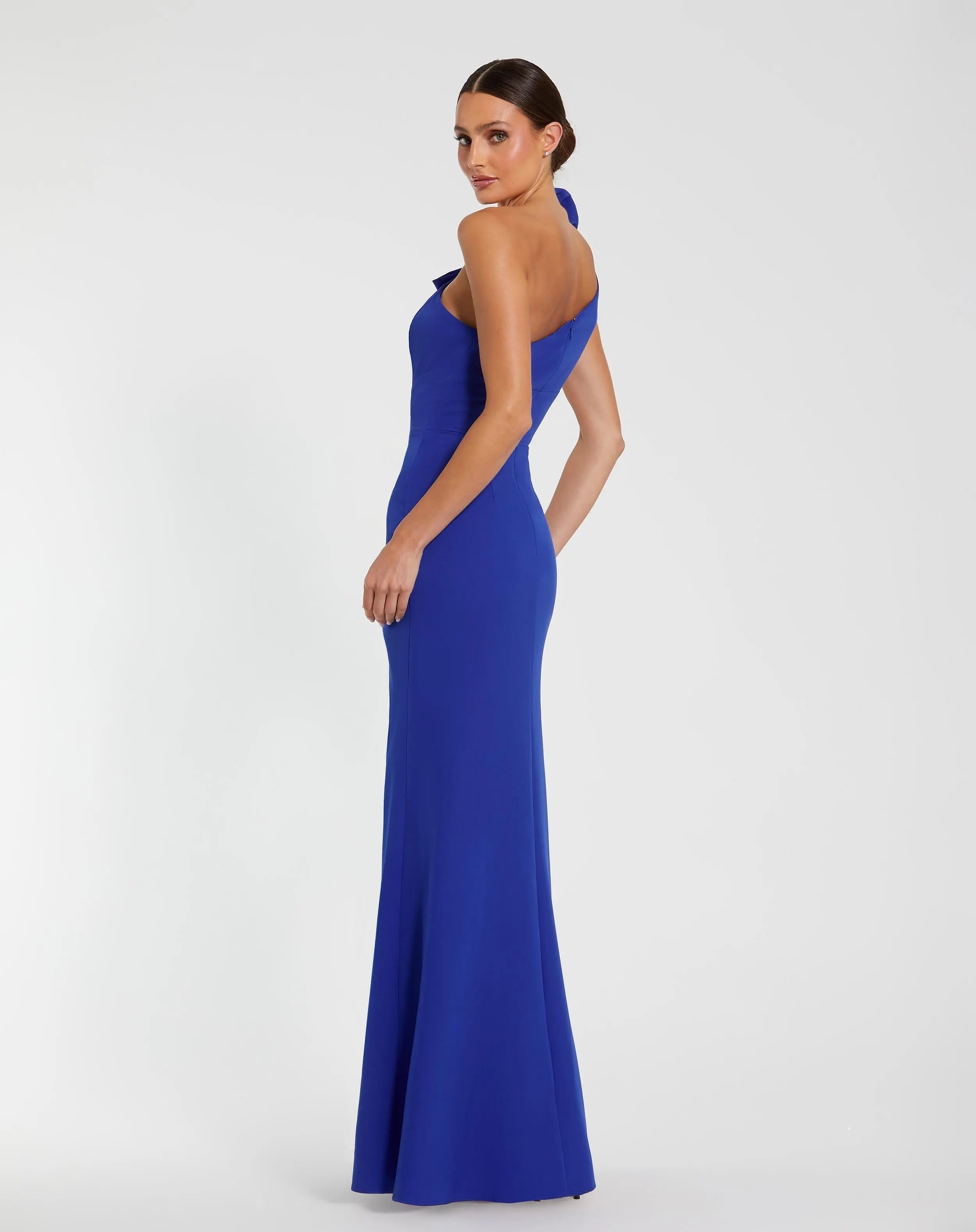 Blue Crepe One Shoulder Fitted Evening Gown With Bow