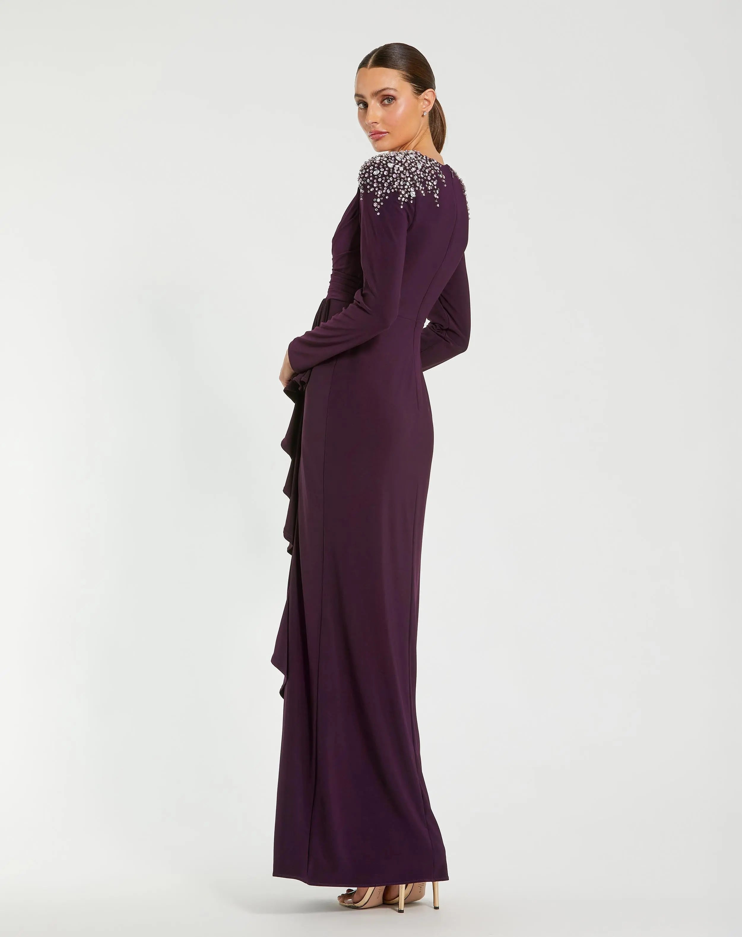 Purple Long Sleeve Gown with Cascading Ruffle & Rhinestone Shoulders