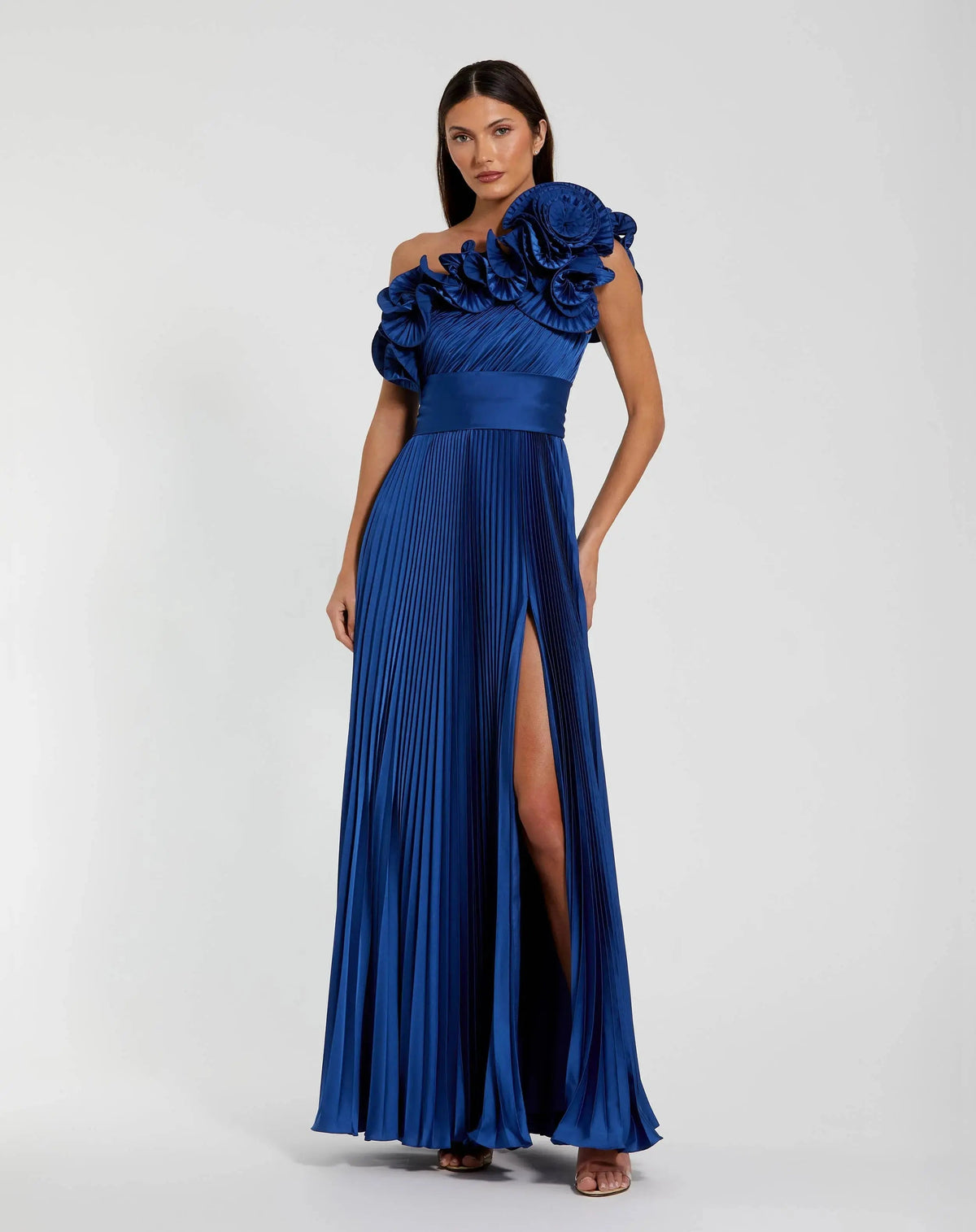 Blue Pleated Charmeuse One-Shoulder Evening Gown with Ruffle Detail