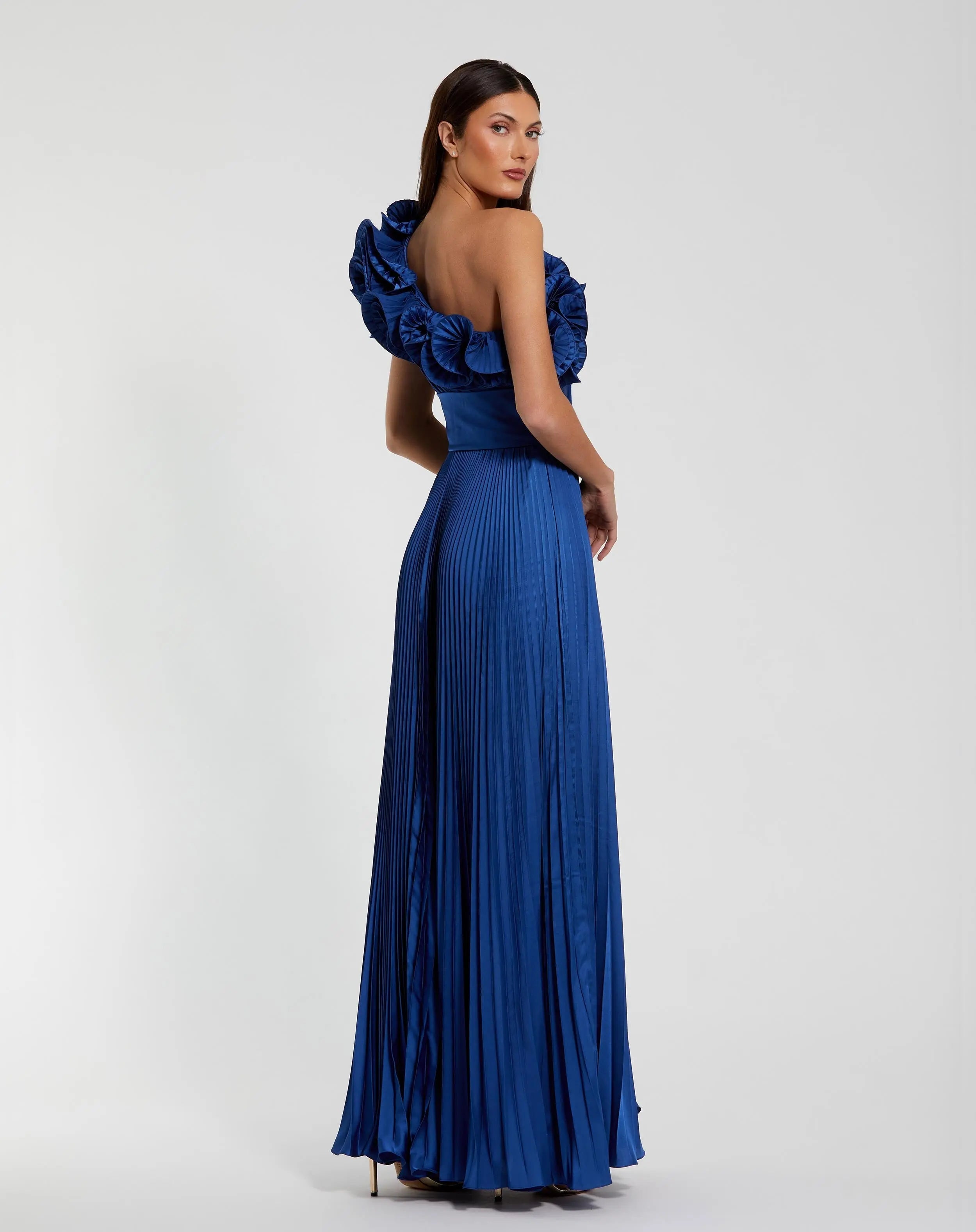 Blue Pleated Charmeuse One-Shoulder Evening Gown with Ruffle Detail