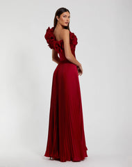 Red Pleated Charmeuse One-Shoulder Evening Gown with Ruffle Detail