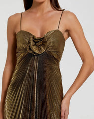 Gold Thin Strap Pleated Metallic Gown With 3D Flower