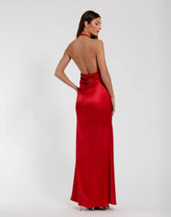 Red Fitted Satin Sleeveless Halter Gown With 3D Flower