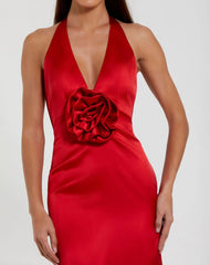 Red Fitted Satin Sleeveless Halter Gown With 3D Flower