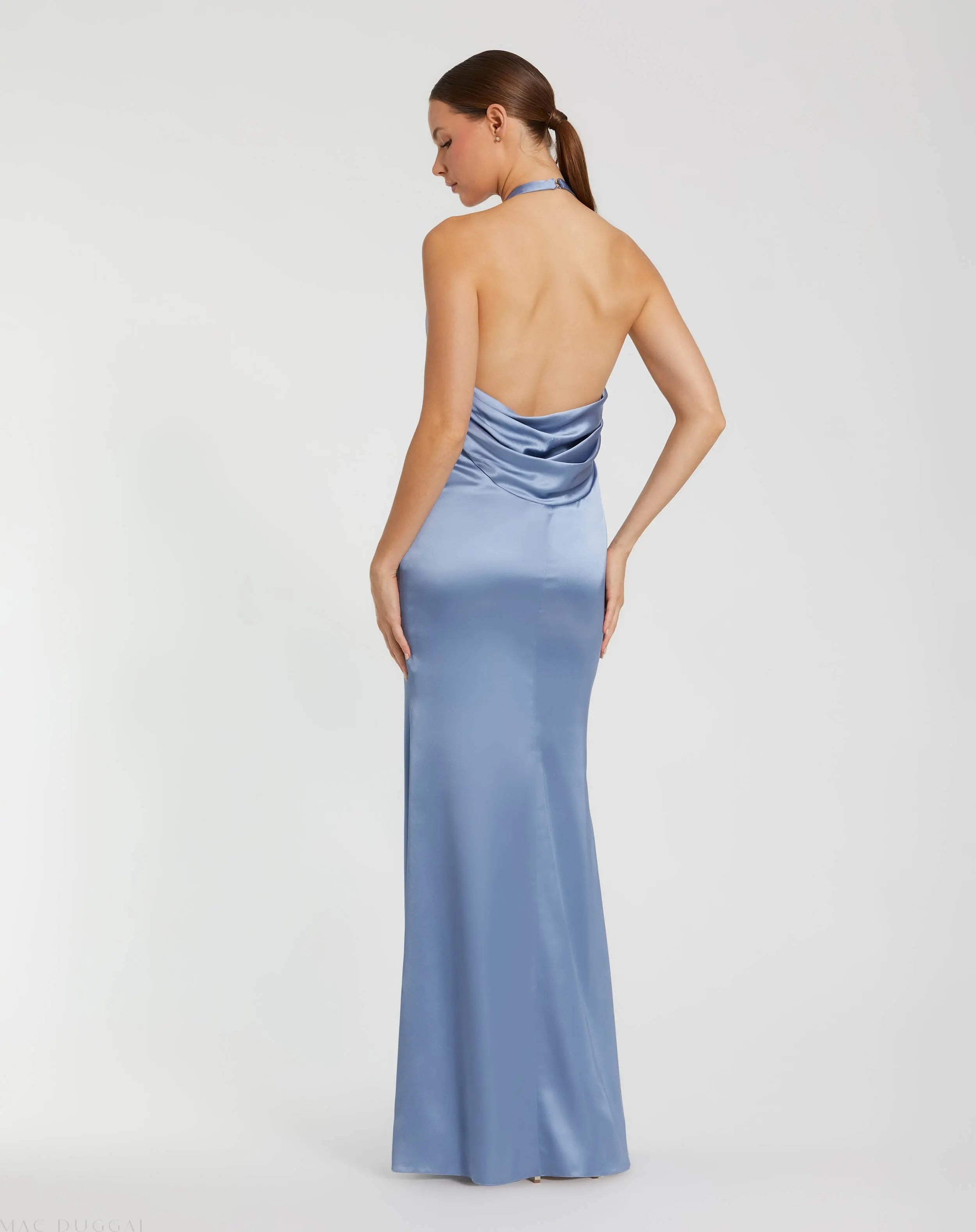 Blue Satin Halter Slip Dress with Rosette Detail