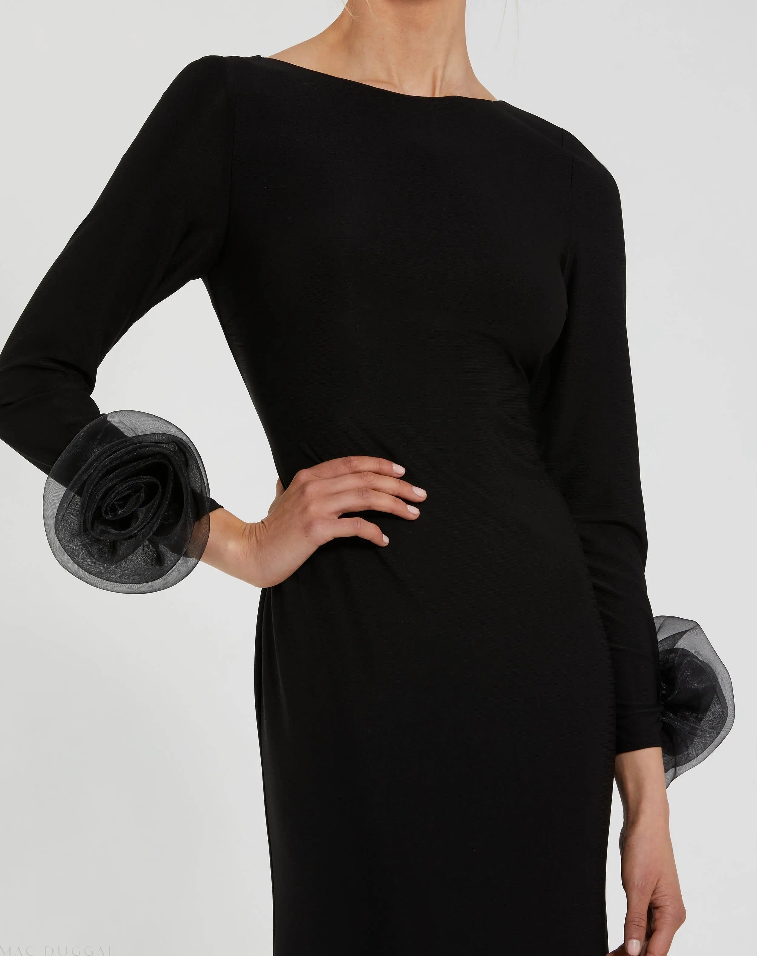 Black Long Sleeve Fitted Jersey Gown With 3D Flowers