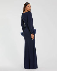 Navy Long Sleeve Fitted Jersey Gown With 3D Flowers