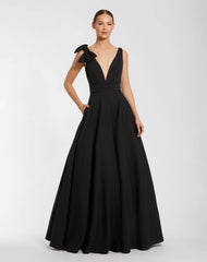 Sleeveless Plunge Neck Crepe Ballgown With Bow Detail