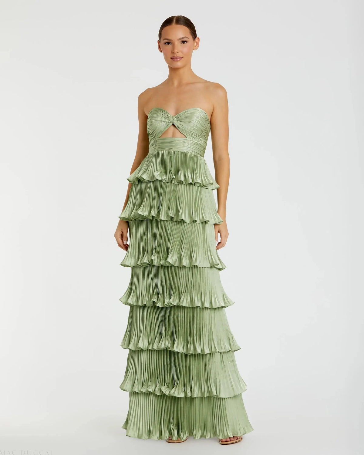 Pleated Charmeuse Strapless Tiered Ruffle Gown