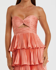 Pink Pleated Charmeuse Strapless Tiered Ruffle Gown