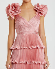 Pink Pleated Charmeuse Tiered Gown With Ruffle Straps