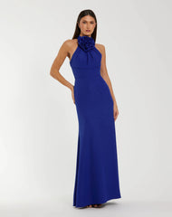 Blue Sleeveless Halter Neck Gown with Rosette Detail