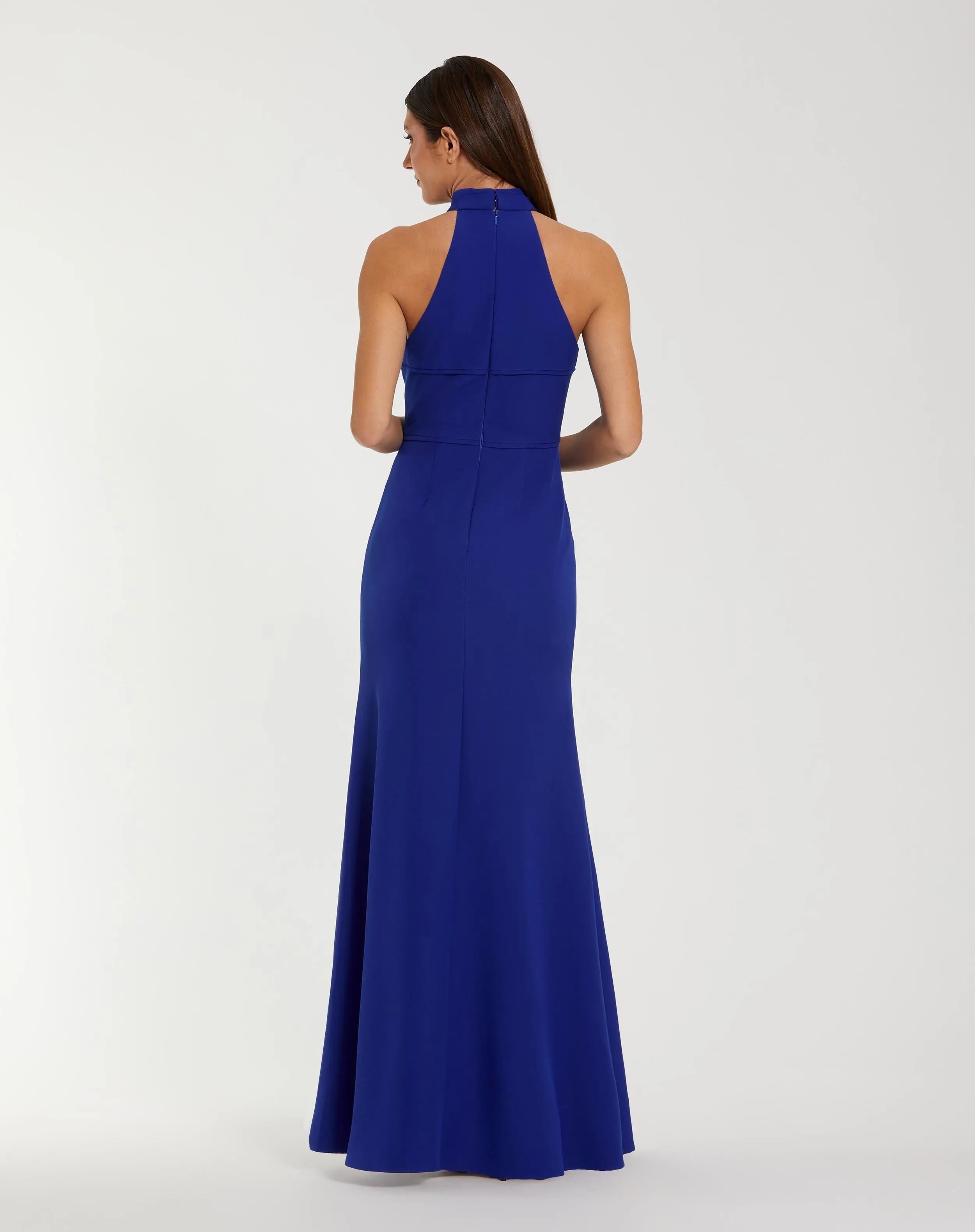 Blue Sleeveless Halter Neck Gown with Rosette Detail