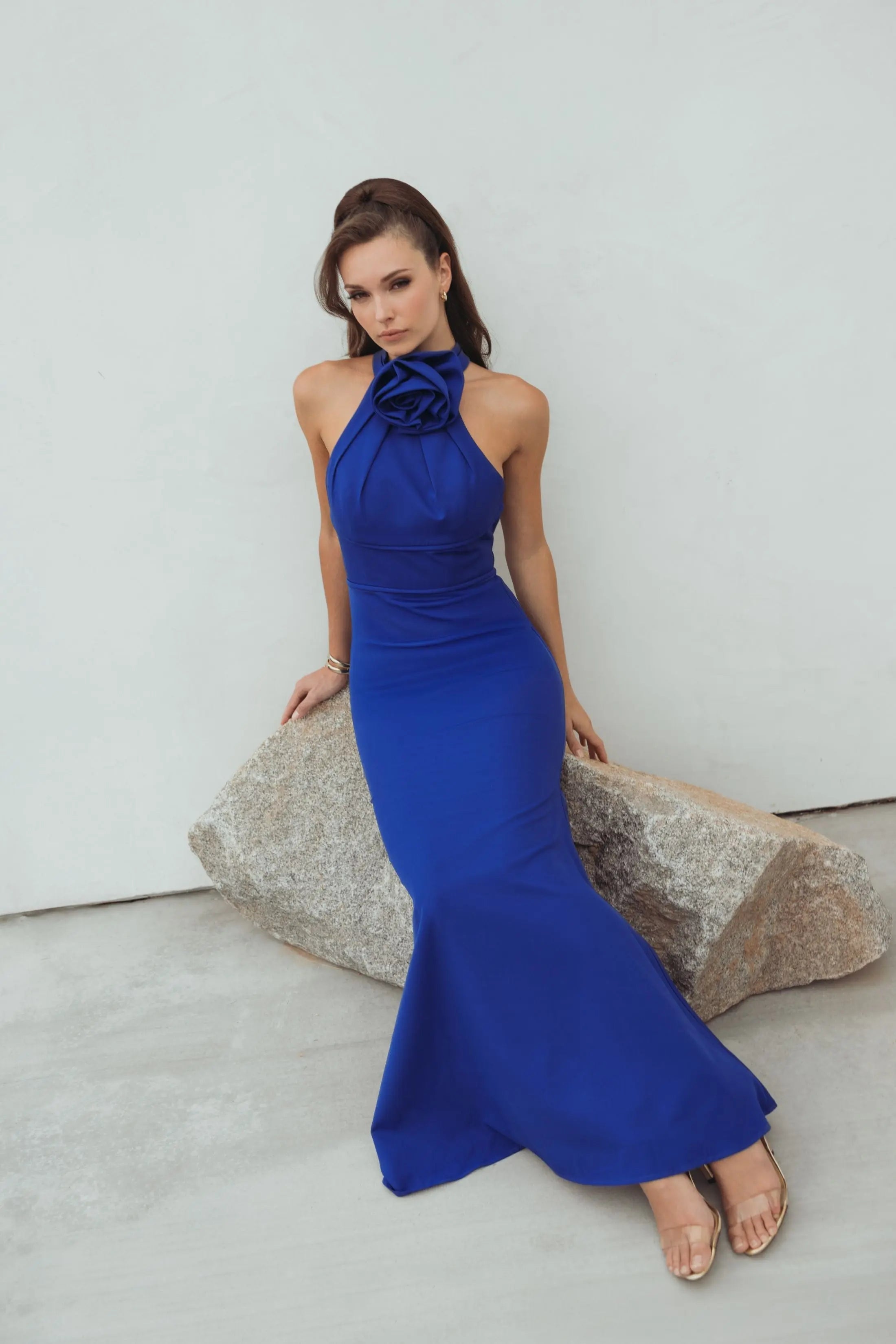 Blue Sleeveless Halter Neck Gown with Rosette Detail