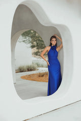 Blue Sleeveless Halter Neck Gown with Rosette Detail