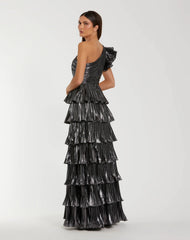 Dark Gray Pleated Metallic Ruffled One Shoulder Gown