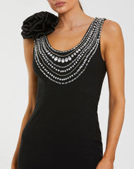 Black Beaded Scoop Neck Jersey Gown With 3D Flower