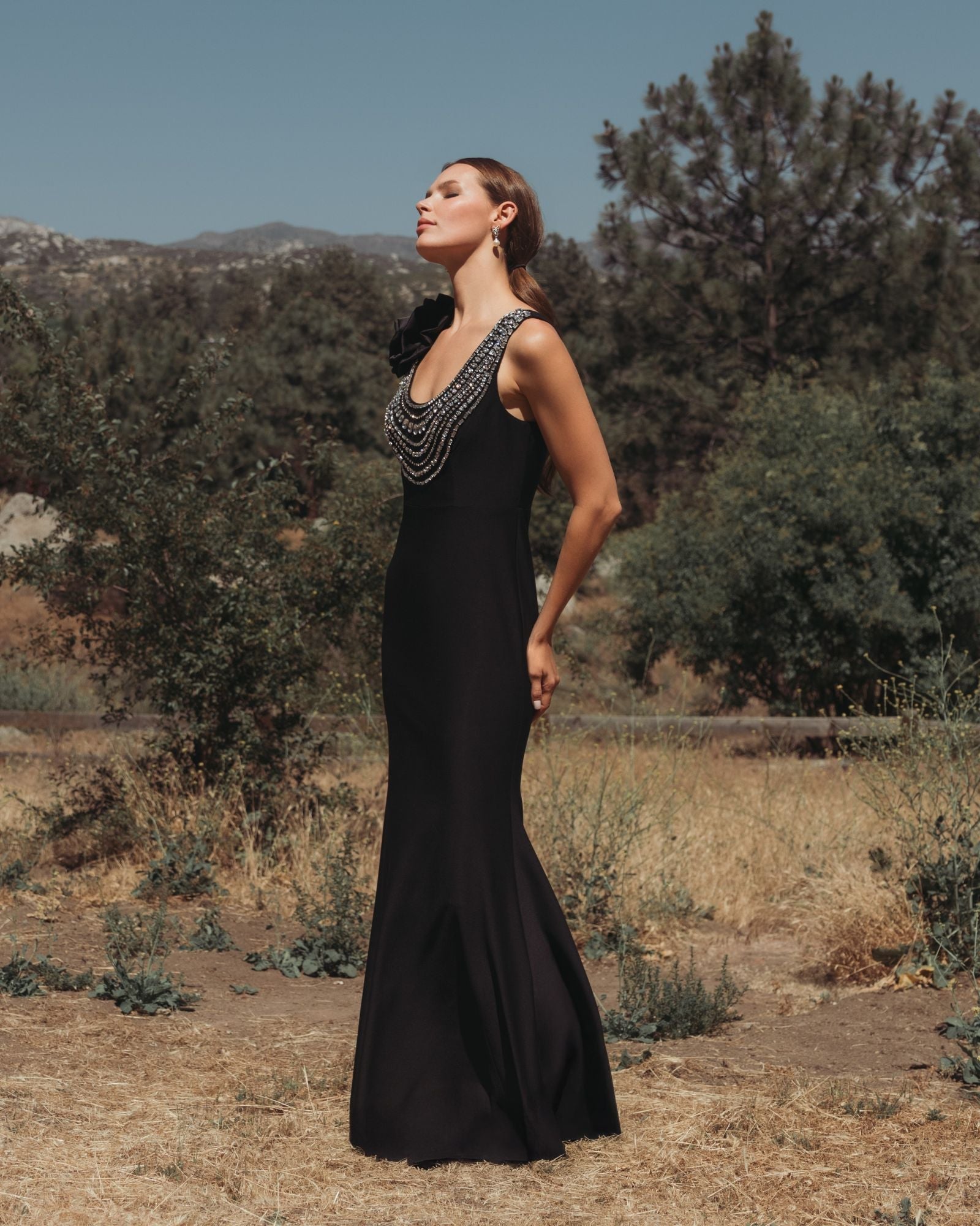 Black Beaded Scoop Neck Jersey Gown With 3D Flower