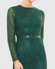 Green Beaded High Neck Long Sleeve Gown With Detailed Belt