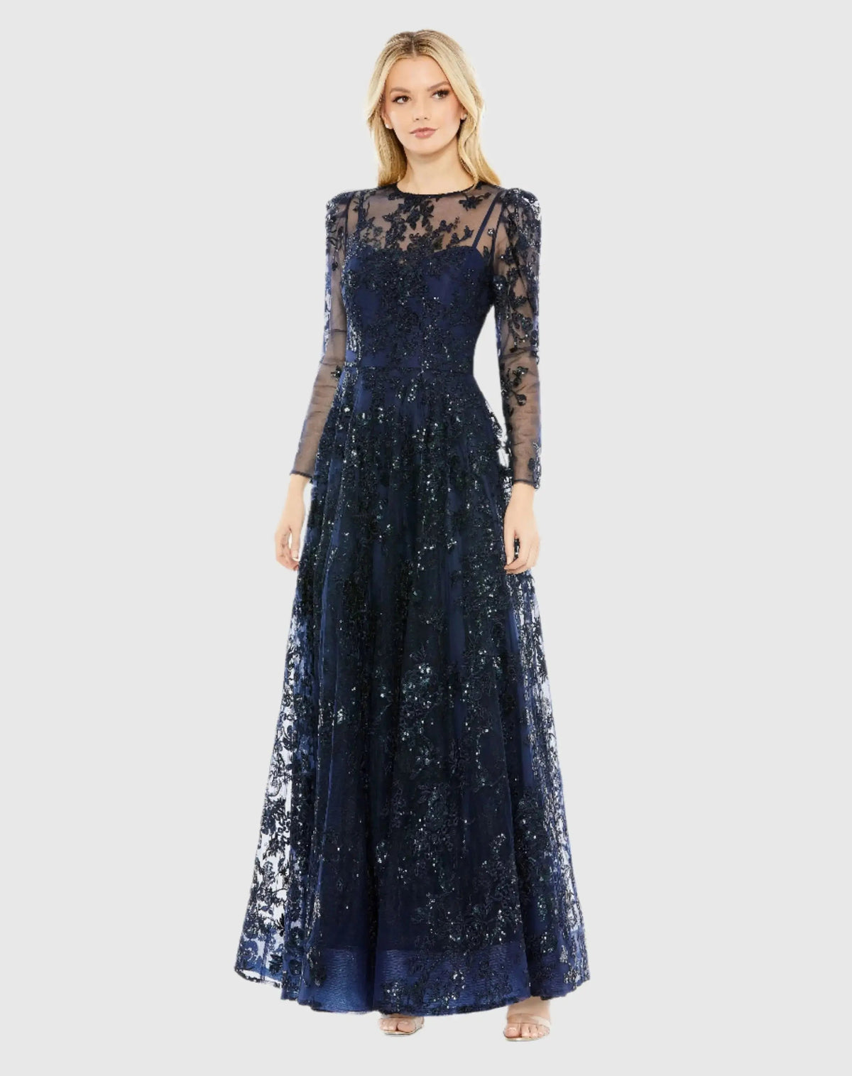 Navy Embroidered Illusion High Neck A Line Dress