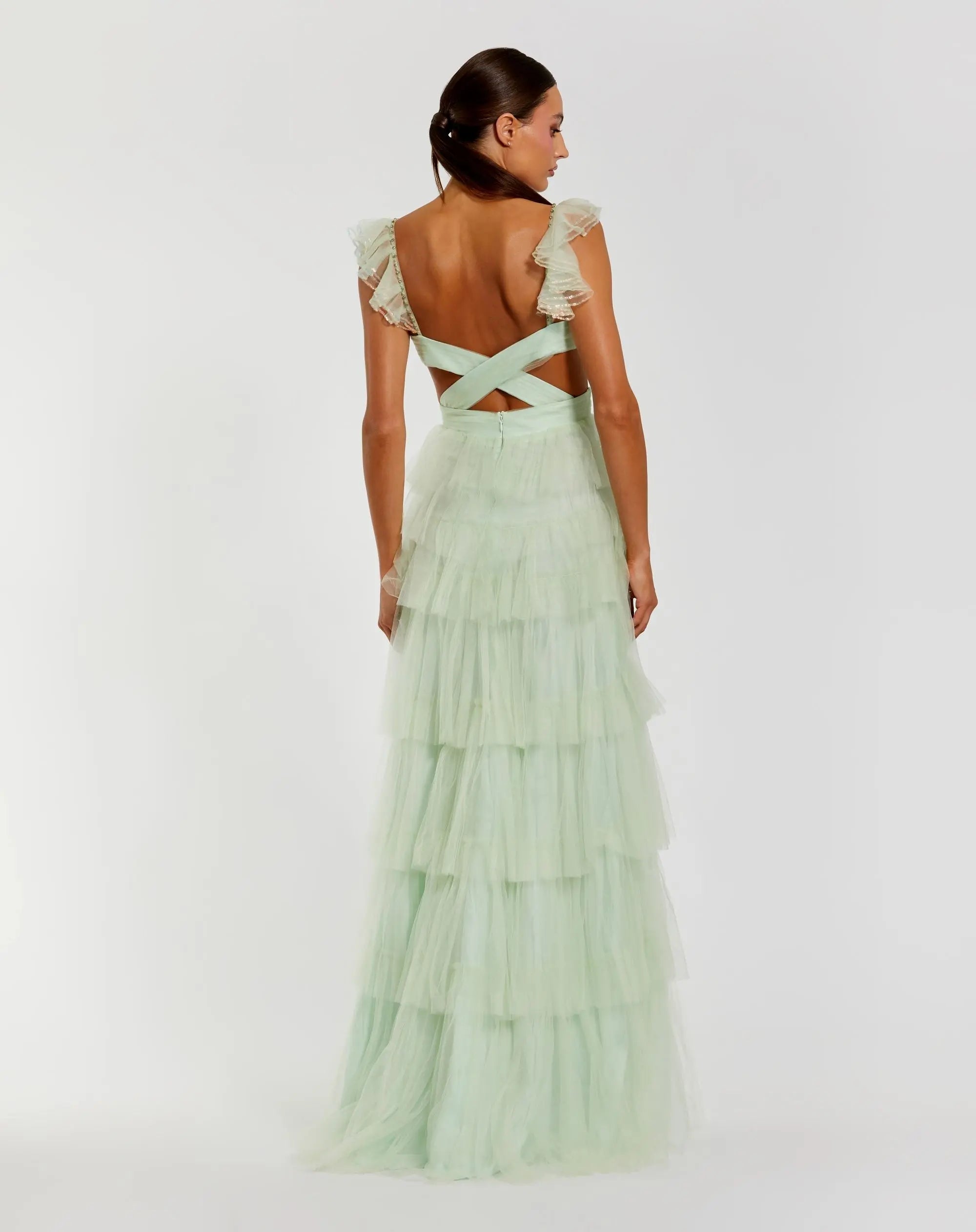 Green Ruffle Tiered Tulle Cut Out Gown