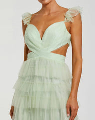 Green Ruffle Tiered Tulle Cut Out Gown