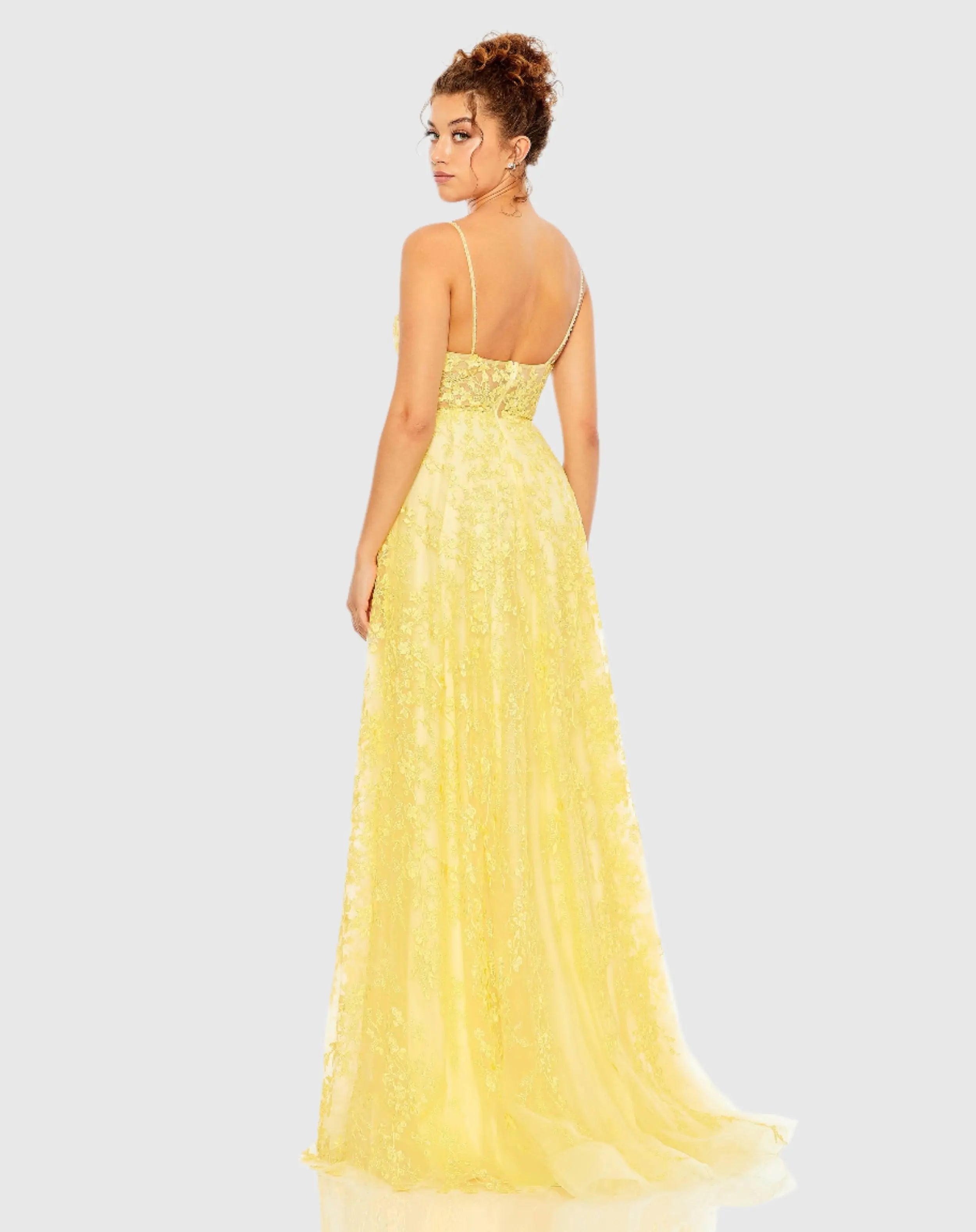 Yellow Floral Applique Cami A Line Gown