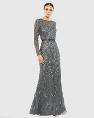 Dark Gray Long Sleeve Beaded Evening Gown