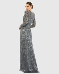 Dark Gray Long Sleeve Beaded Evening Gown