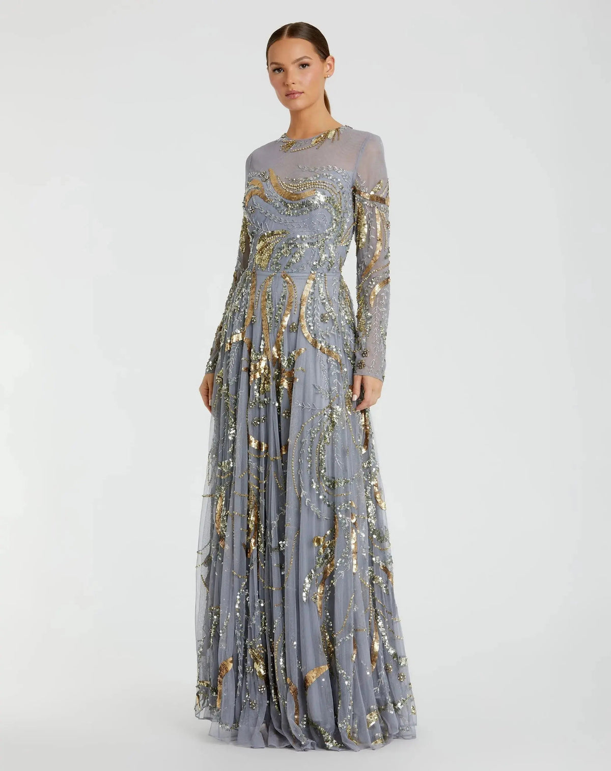 Blue and Gold Long Sleeve Embellished Illusion Evening Gown