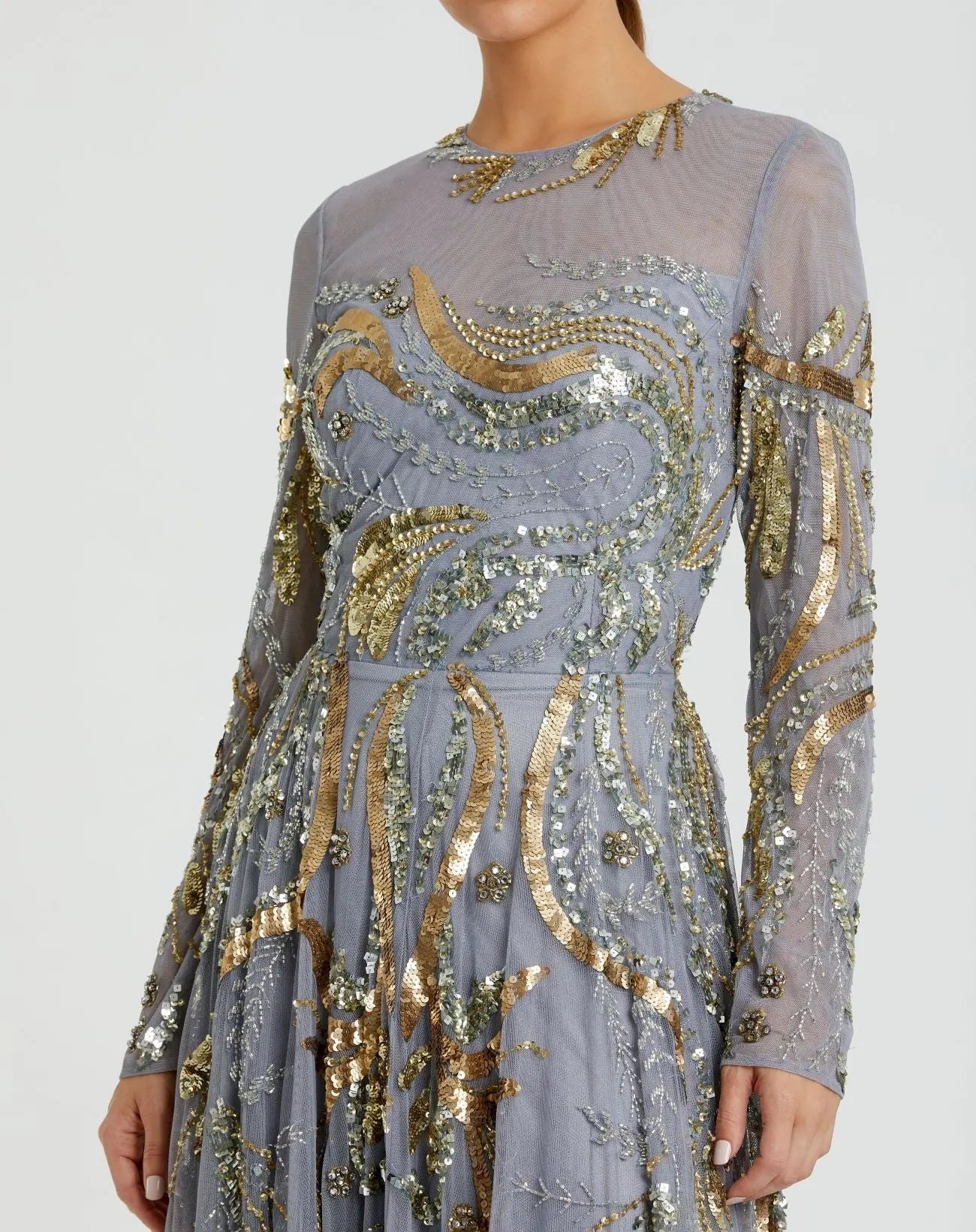 Blue and Gold Long Sleeve Embellished Illusion Evening Gown