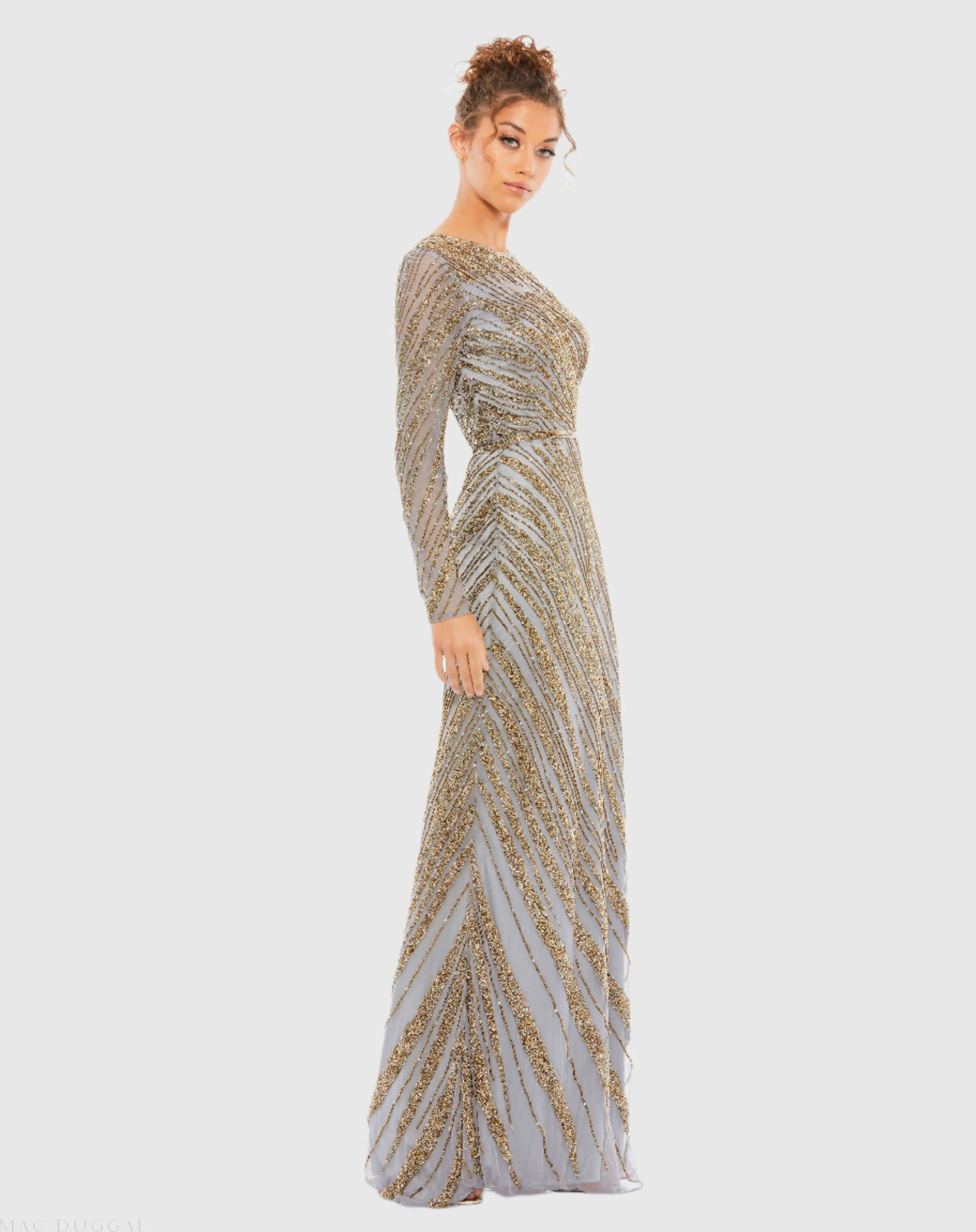 Gold and Blue Long Sleeve Beaded Column Gown