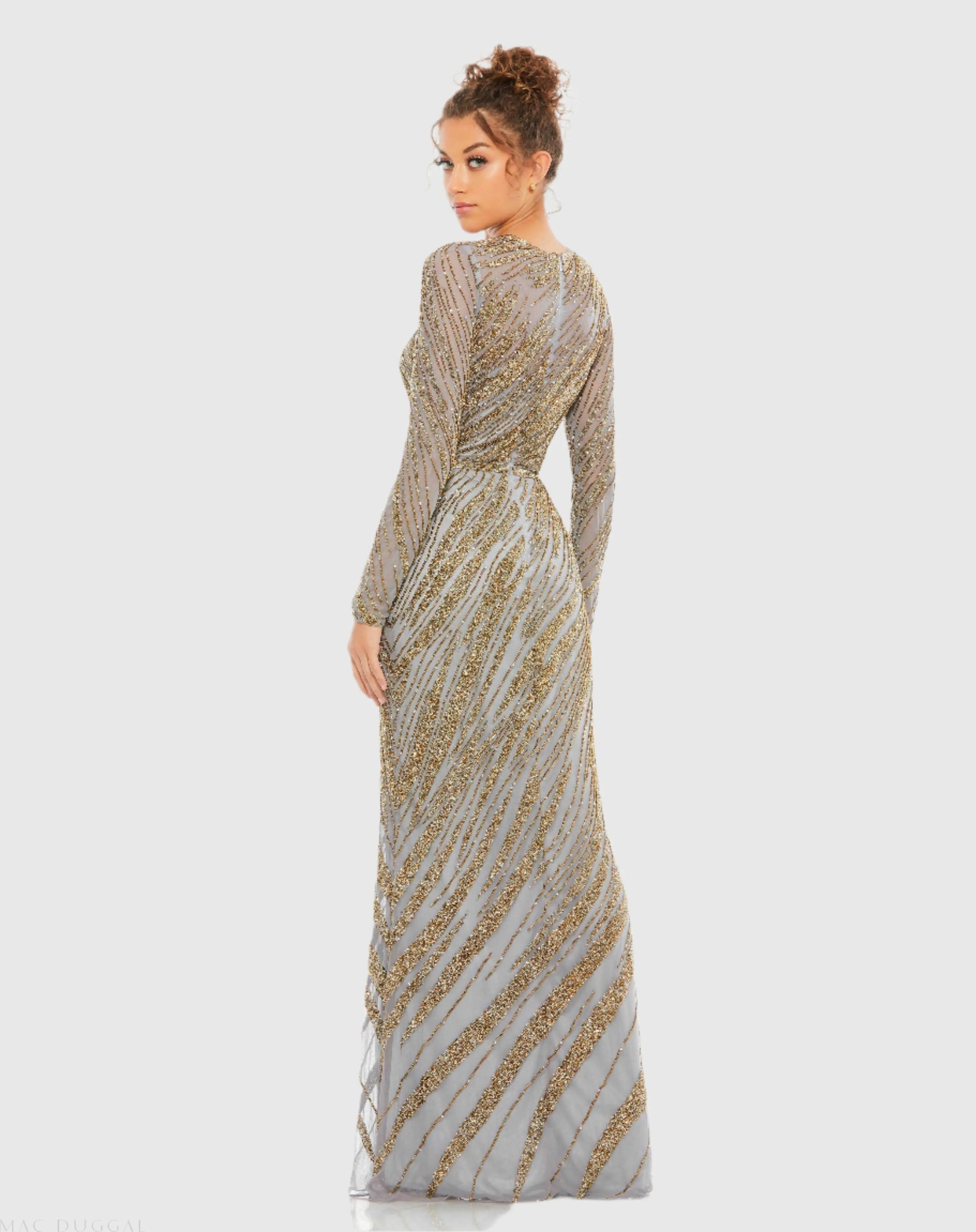 Gold and Blue Long Sleeve Beaded Column Gown