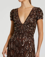 Brown Beaded Embellished V Neck Cap Sleeve Column Gown