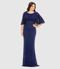 Navy Embellished Cape Sleeve Gown (Plus)