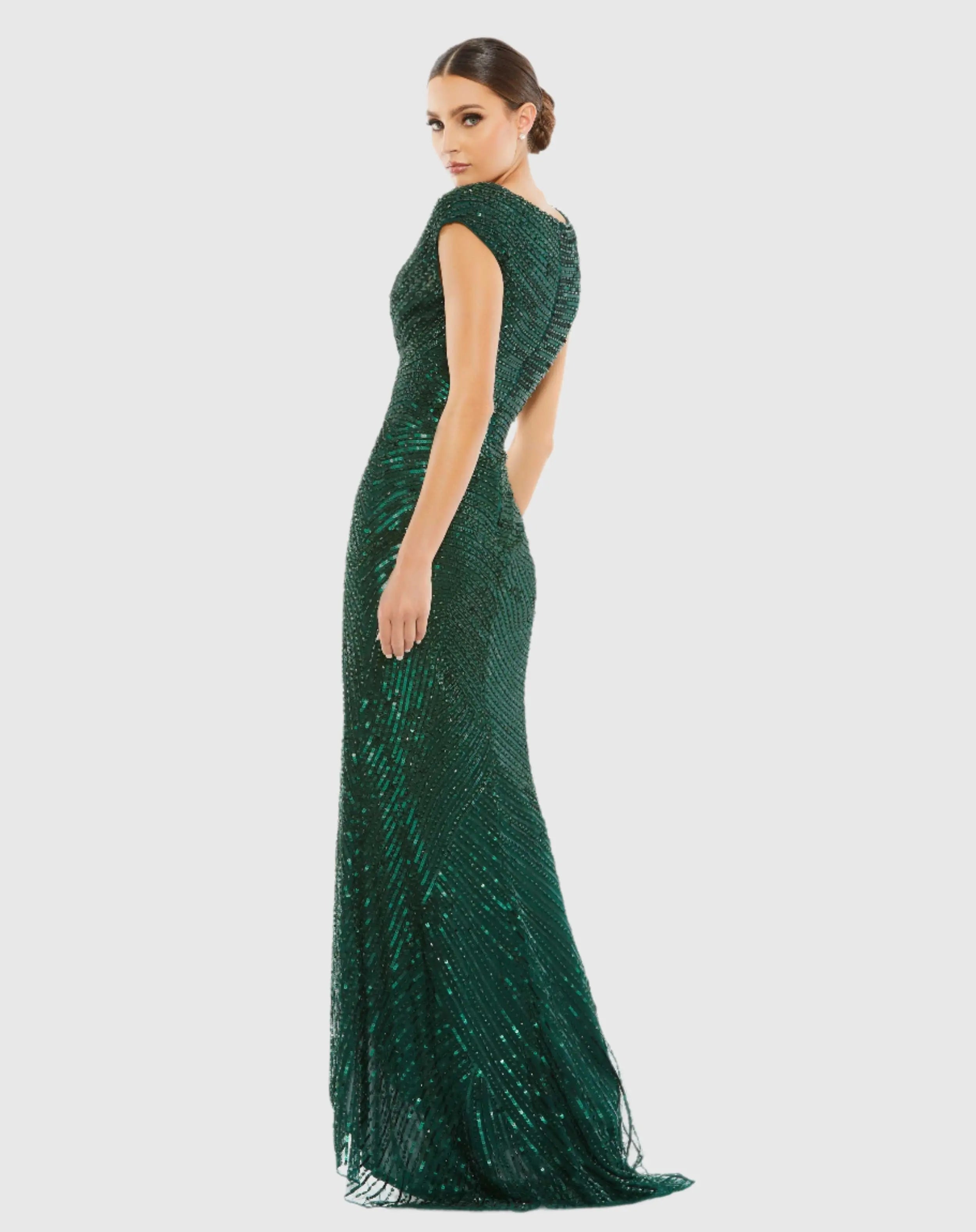 Green Embellished Cap Sleeve Evening Gown